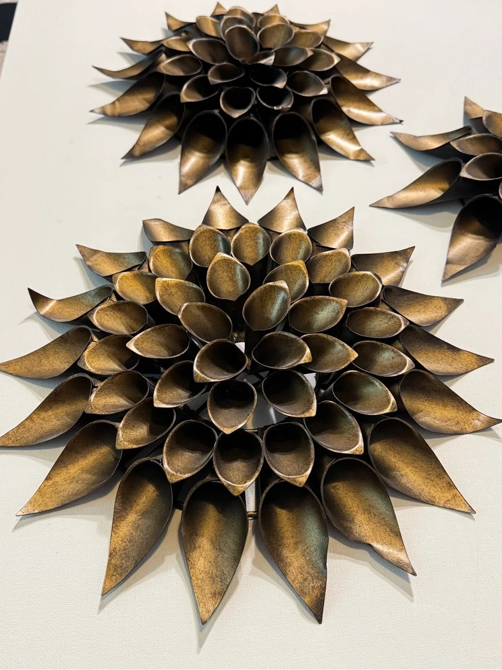 MCM 3 Vintage Metal bronze Tone Lotus Flower, Wall Sculpture 10” 11” 13” Round